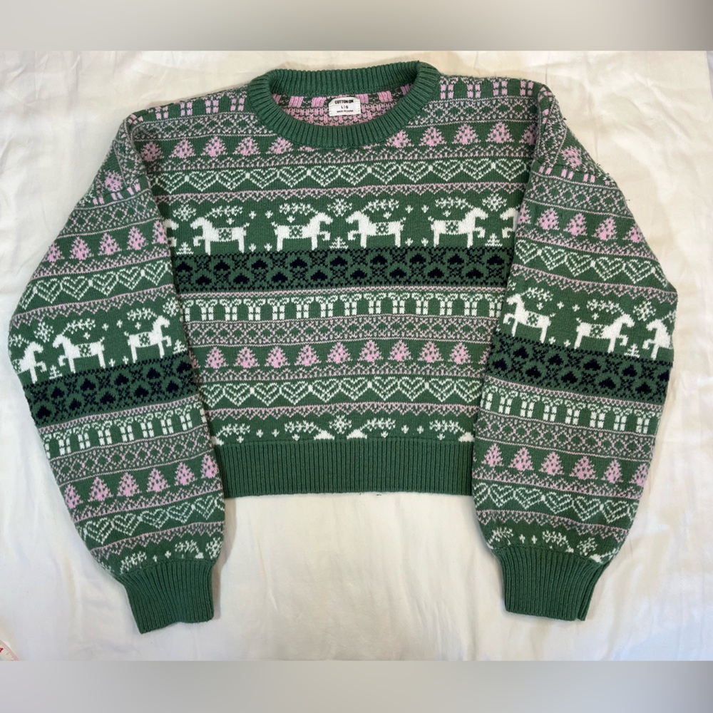 Cotton On Pink Green Cropped Cotton Fair Isle Holiday Sweater Women’s Large